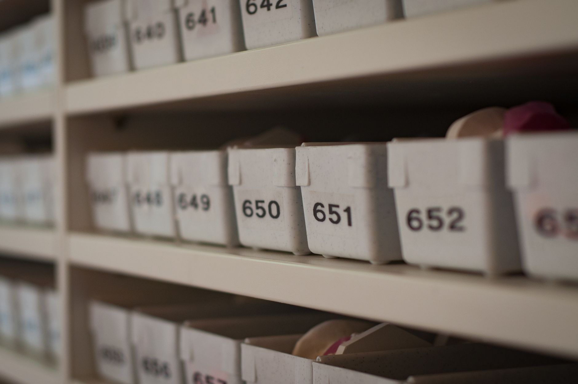 Cajas de archivo rotuladas y numeradas en un estante